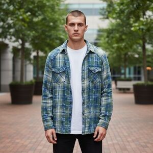 Ryan Michael windowpane plaid western pearl snap shirt L cowboy rodeo grunge